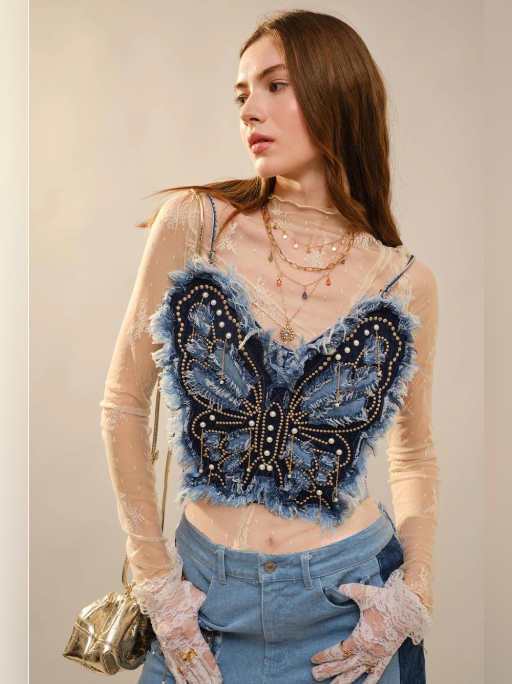 Butterfly Embellished Denim Corset Top - Blue B